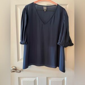 Worthington Navy V-Neck Blouse with Ruffle Detail XXL